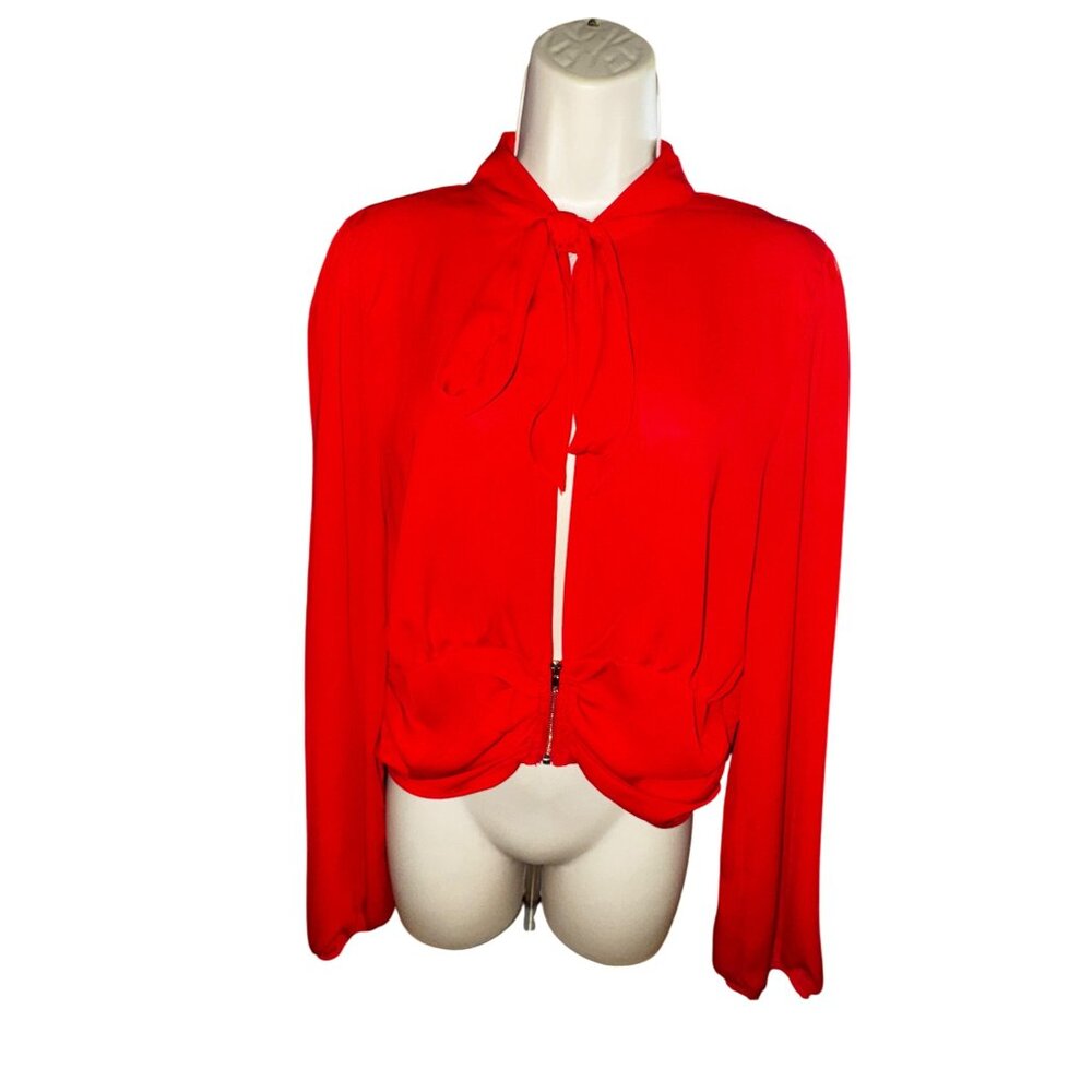 Fashion Nova Red Long-Sleeve Blouse Tie Neck & Ruched Waist XL Sexy‎ Secretary